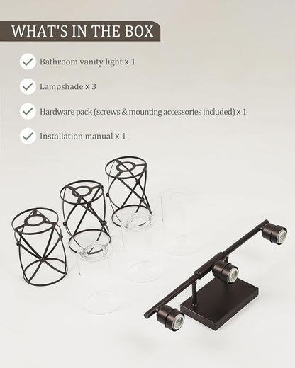 3-Light Oil Rubbed Bronze Bathroom Light Fixtures Over Mirror, 21" UL-Listed Modern Farmhouse Wall Sconce Lights with Clear Glass and Metal Cage for Bath, Hardwire E26, CH9176ORB-3W