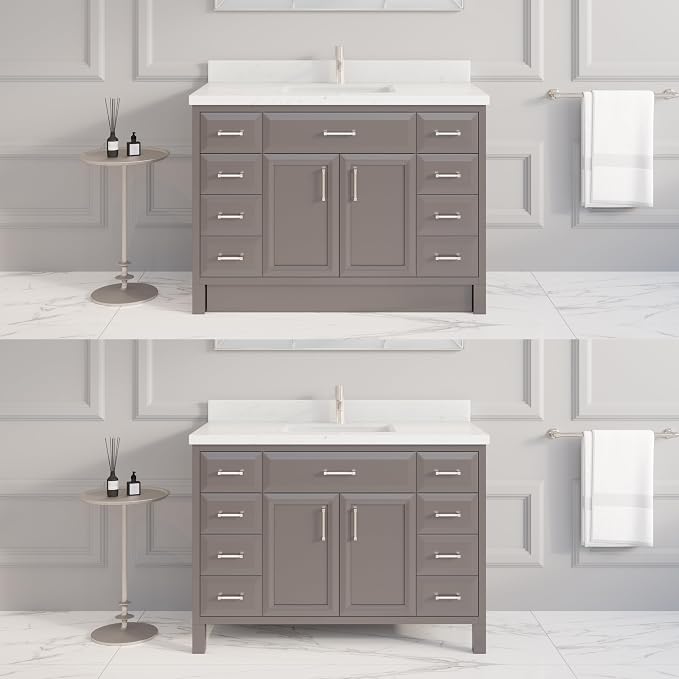Capri III 48" Single Sink Bathroom Vanity With Stealth Organizer, Solid Wood Bathroom Cabinet with Engineered Stone Countertop & Backspalsh, Soft Closing Door & Drawer, Pre-Assembled, Mink