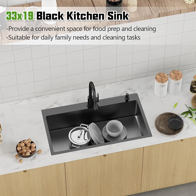 Black 33x19 In Drop In Kitchen Sink-Stainless Steel Topmount Modern Single Bowl Kitchen Sink Come With Silicon Mat,Drain Strainer Set Offer Large Basin And Compatibility With Various Kitchen&Bar Style