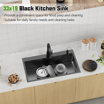 Black 33x19 In Drop In Kitchen Sink-Stainless Steel Topmount Modern Single Bowl Kitchen Sink Come With Silicon Mat,Drain Strainer Set Offer Large Basin And Compatibility With Various Kitchen&Bar Style