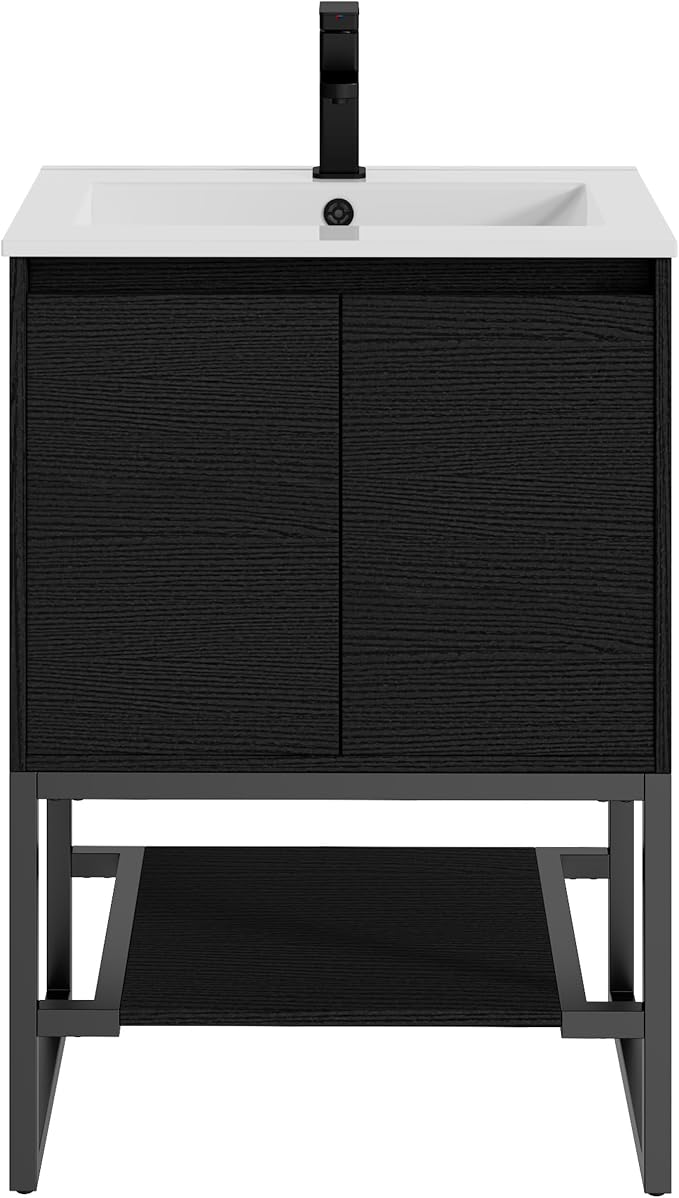 LUCKWIND 24" Modern Bathroom Vanity with Single White Sink Combo, Freestanding Storage Cabinet with Metal Frame, Matte Black Faucet and Open Shelf and 2 Soft-Closing Door, Black