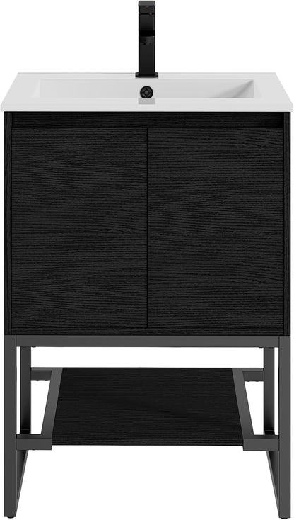 LUCKWIND 24" Modern Bathroom Vanity with Single White Sink Combo, Freestanding Storage Cabinet with Metal Frame, Matte Black Faucet and Open Shelf and 2 Soft-Closing Door, Black