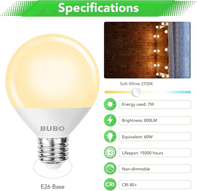 BUBO Vanity Light Bulbs for Bathroom Over Mirror, 60 Watt Equivalent, Soft White 2700K, G25 Globe Light Bulb 800 Lumens, Round Bulb with E26 Medium Base, 7W, Non-Dimmable, 6 Pack