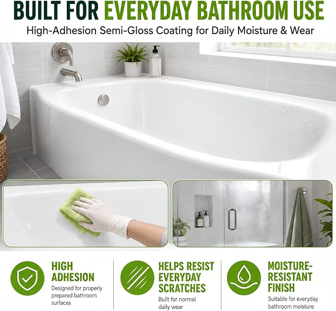 35 oz White Tub and Tile Paint, Semi-Gloss Refinishing Kit | Includes 8 Tools for Refinishing Tubs, Sinks and Tiles. Covers up to 60 Sq Ft with a Low Odor Formula.
