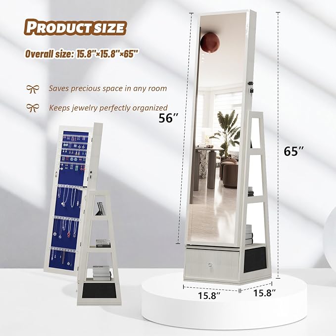 Jewelry Armoire with Full Length Mirror - 360° Swivel Standing Floor Mirror Jewelry Cabinet, Lockable Storage Organizer, 3 Shelves & Drawers,Tall Mirror with Storage for Women (White)