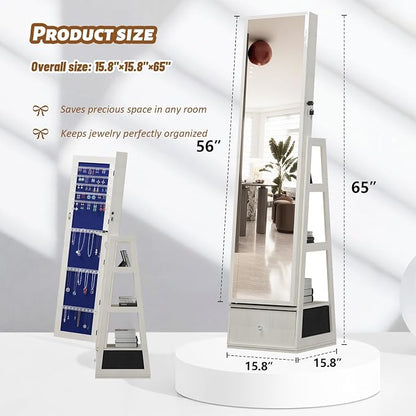 Jewelry Armoire with Full Length Mirror - 360° Swivel Standing Floor Mirror Jewelry Cabinet, Lockable Storage Organizer, 3 Shelves & Drawers,Tall Mirror with Storage for Women (White)