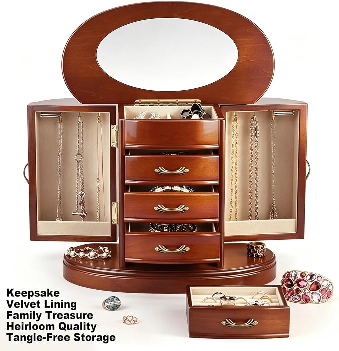 RR ROUND RICH Solid Wood Jewelry Box for Women Brown | Large Capacity Organizer with Rotating Necklace Holder, Mirror & 4 Drawers, Vintage Brown Gift Box