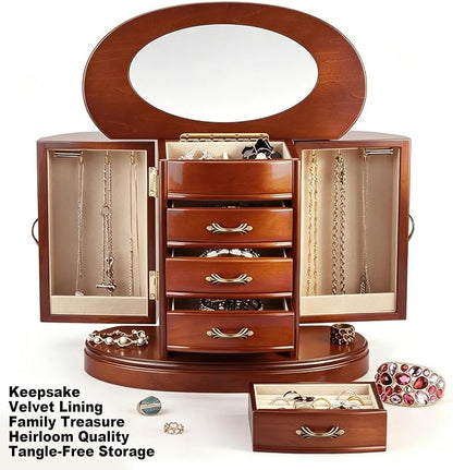RR ROUND RICH Solid Wood Jewelry Box for Women Brown | Large Capacity Organizer with Rotating Necklace Holder, Mirror & 4 Drawers, Vintage Brown Gift Box