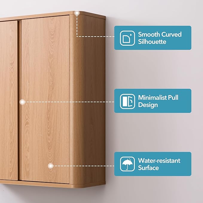 Wall Mounted Bathroom Cabinet, Premium Medicine Cabinet with Safe Rounded Edges, 2-Door Wood Storage Organizer with Adjustable Shelves for Laundry, Kitchen