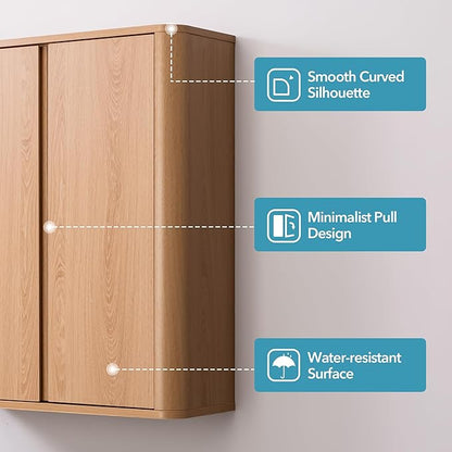 Wall Mounted Bathroom Cabinet, Premium Medicine Cabinet with Safe Rounded Edges, 2-Door Wood Storage Organizer with Adjustable Shelves for Laundry, Kitchen