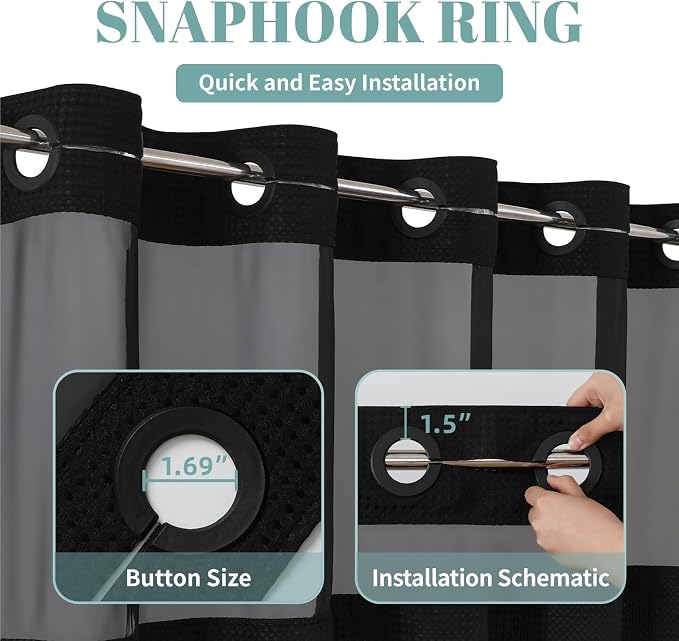 eachope No Hook Waffle Shower Curtain with Snap-in Liner, 60x74 Inch, Black | 230GSM waffle weave fabric, waterproof liner set with 2 bottom magnets, mesh window, washable, for shower stalls or bathrooms