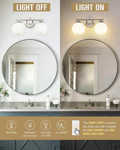 Emak Modern Globe Vanity Lights, Brushed Nickel Bathroom Light Fixtures, 2-Light Bathroom Vanity Light with Milk Glass Shade, VL114-BN-ML-2