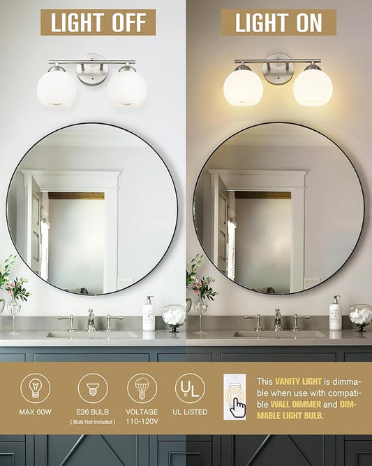 Emak Modern Globe Vanity Lights, Brushed Nickel Bathroom Light Fixtures, 2-Light Bathroom Vanity Light with Milk Glass Shade, VL114-BN-ML-2