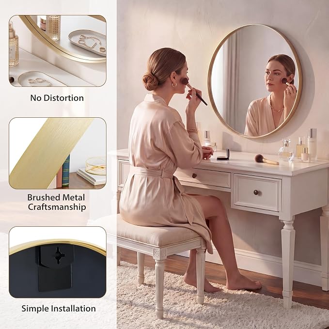 Sweetcrispy 24 Inch Round Bathroom Wall Mirror, Circle Vanity Mirror | Matte Metal Frame Mirrors fo over Sink, Home Decor, Living Room, Bedroom Hang Mount, Gold