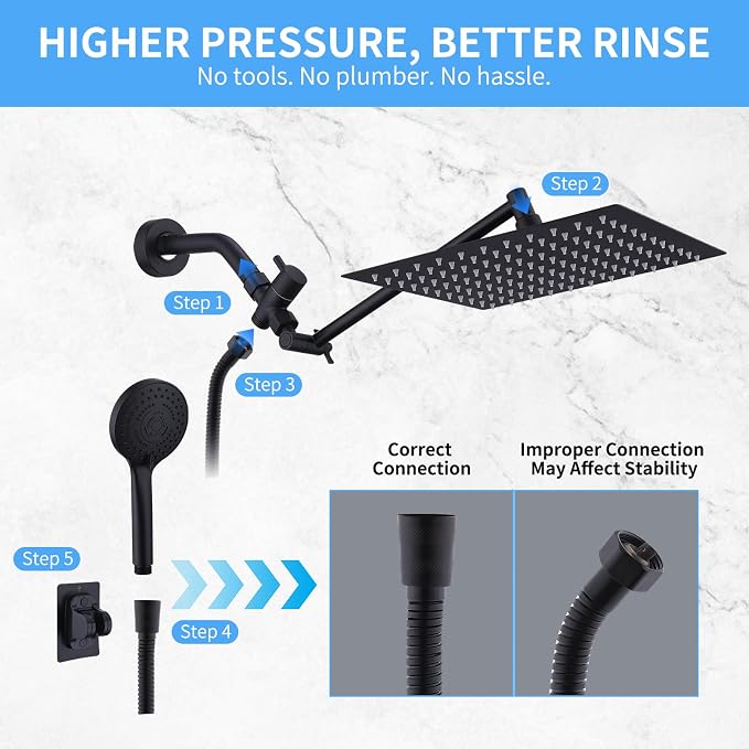 Peicuai Shower Head Combo, 10-Inch High-Pressure Rainfall Shower Head with 11-Inch Adjustable Extension Arm, 5-Setting Matte Black Handheld Shower with Long Hose, Powerful Spray for Low Water Pressure