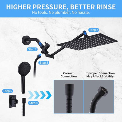 Peicuai Shower Head Combo, 10-Inch High-Pressure Rainfall Shower Head with 11-Inch Adjustable Extension Arm, 5-Setting Matte Black Handheld Shower with Long Hose, Powerful Spray for Low Water Pressure
