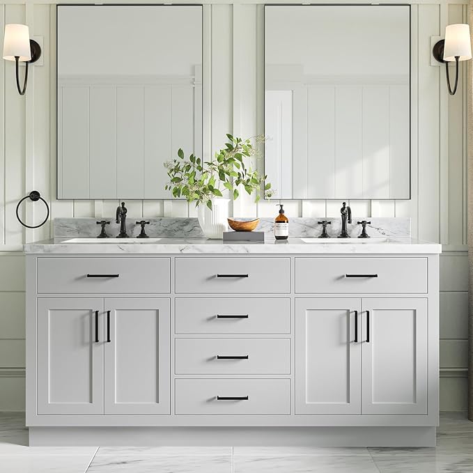 ARIEL Hepburn 72-inch Bathroom Vanity with Sink,Solid Wood, 1.5-inch Italian Carrara Marble Countertop, Double Rectangular Porcelain Sink, 4 Soft Closing Doors, 6 Dovetail Drawers, Grey