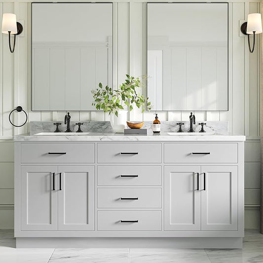 ARIEL Hepburn 72-inch Bathroom Vanity with Sink,Solid Wood, 1.5-inch Italian Carrara Marble Countertop, Double Rectangular Porcelain Sink, 4 Soft Closing Doors, 6 Dovetail Drawers, Grey