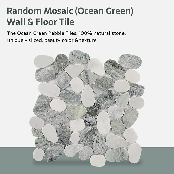 Pebble Tile, Ocean Green Sliced Pebble Stone Tiles for Shower Kitchen Backsplash Bathroom Wall and Floor, 4 Sheets