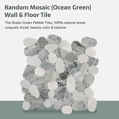 Pebble Tile, Ocean Green Sliced Pebble Stone Tiles for Shower Kitchen Backsplash Bathroom Wall and Floor, 4 Sheets
