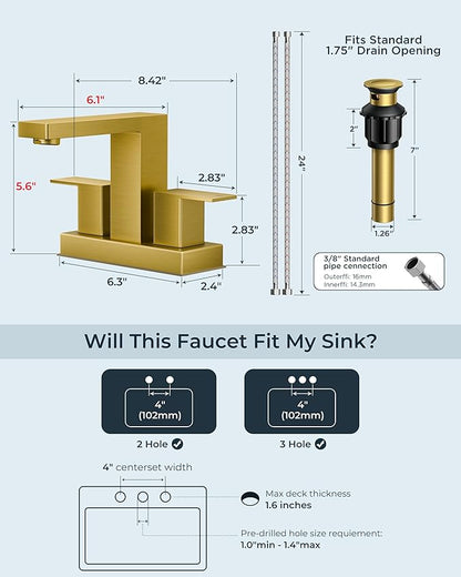 FORIOUS Gold Bathroom Faucet Centerset 4 in, 2 Handle Centerset Bathroom Sink Faucet Brushed Gold 2 Hole, with Metal Pop Up Drain, 24 in CUPC Supply Lines, for Vanity Sink Remodel