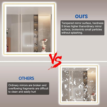 36x36 Inch LED Mirror for Bathroom with Gold Frame | Gold Metal Frame, Front and Backlit, 3 Colors, Dimmable, Memory, Anti Fog, Tempered Glass, Lighted Mirror for Wall
