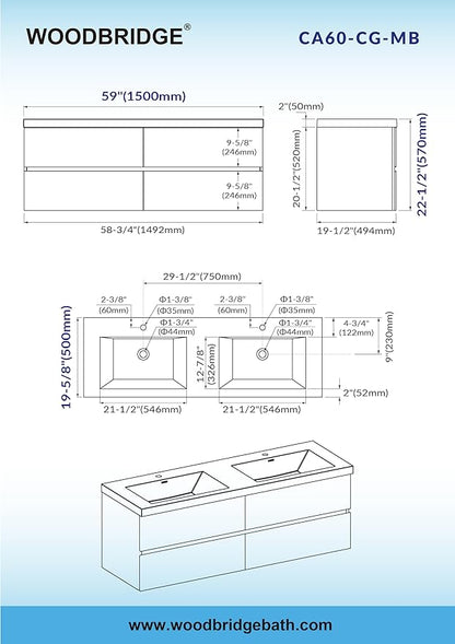 Woodbridge 59 in. W x 19-5/8 in. D Wall Mounted Floating Bathroom Vanity in Gray with Quartz Sand Composite Vanity Top in Matte Black