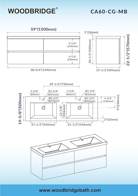 Woodbridge 59 in. W x 19-5/8 in. D Wall Mounted Floating Bathroom Vanity in Gray with Quartz Sand Composite Vanity Top in Matte Black