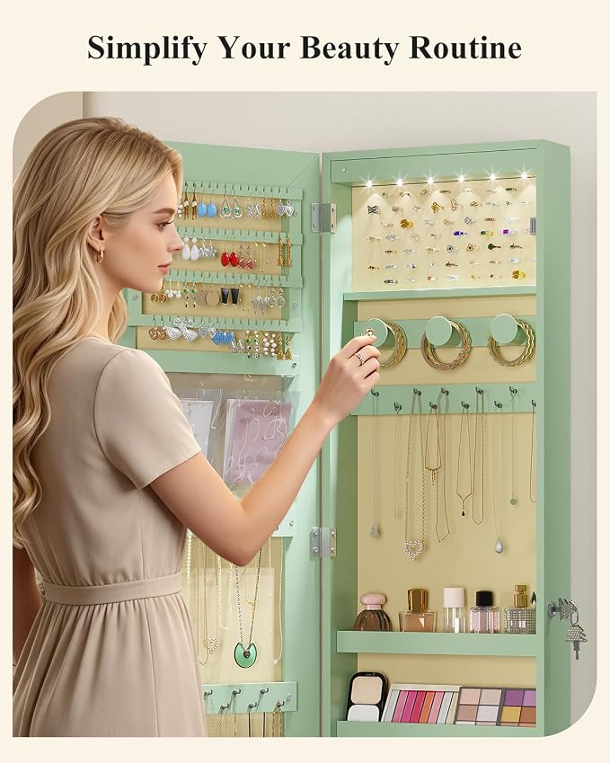LVSOMT Over The Door Jewelry Organizer, 6 LED Wall Mounted Jewelry Cabinet | Lockable 42.5" Full Length Mirror with Jewelry Storage, Hanging Jewelry Mirror Cabinet, Jewelry Armoire for Women, Green