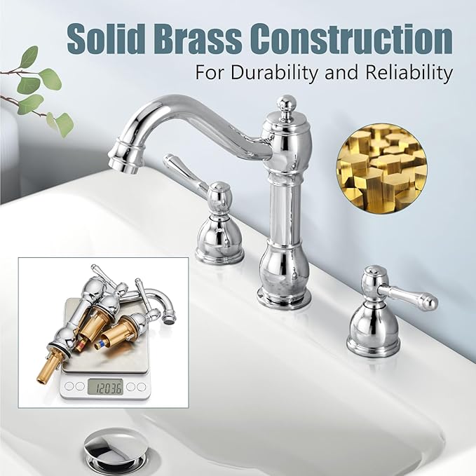 Aolemi 8 Inch Widespread Bathroom Sink Faucet 3 Hole Deck Mount Vanity Basin Mixer Tap with Pop Up Drain Assembly Polish Chrome Double Lever Handle