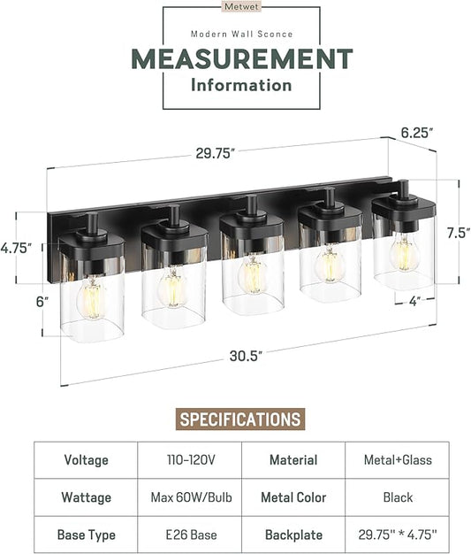 Bathroom Light Fixtures, 5-Light 30" Vanity Light with Square Clear Glass Shade, Modern Matte Black Wall Sconces, Vanity Lighting Fixtures Over Mirror, VL194-MB-5