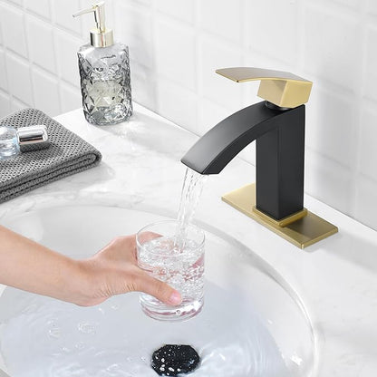 Single Hole Bathroom Faucet, Single Handle Bathroom Sink Faucet with cUPC Supply Hose and Pop Up Stopper, Black and Gold Faucet with 6 inch Deck Plate JU-BS100-BKG