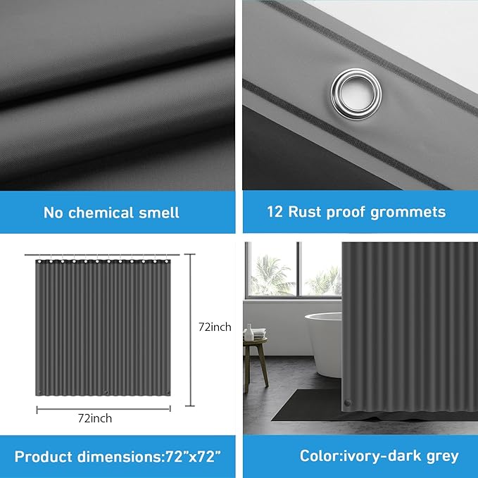 EHZNZIE Shower Curtain Liner Light Weight PEVA, Shower Liner 72x72 Inches, Waterproof, No Chemical Smell with 12 Rust Proof Metal Grommets for Bathroom Shower Curtain, Dark Grey