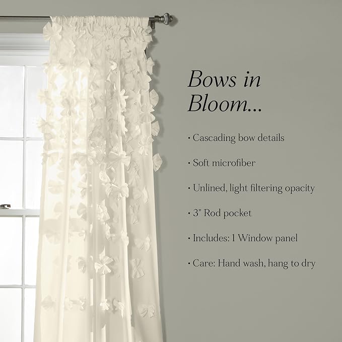 Lush Decor Riley Light Filtering Window Curtain Panel, Single 54" W x 84" L, Ivory - Cute Curtains for Bedroom - Bow Decor - Coquette Curtains for Windows