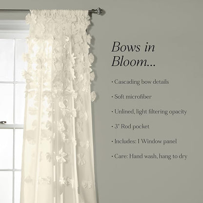 Lush Decor Riley Light Filtering Window Curtain Panel, Single 54" W x 95" L, Ivory - Cute Curtains for Bedroom - Bow Decor - Coquette Curtains for Windows