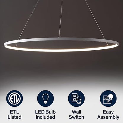 JONATHAN Y 35" Matte White Modern Integrated LED Pendant Light, Dimmable Round Hoop Chandelier for Kitchen Island, Dining Room, Adjustable Height Metal Hanging Light (JYL7220I)