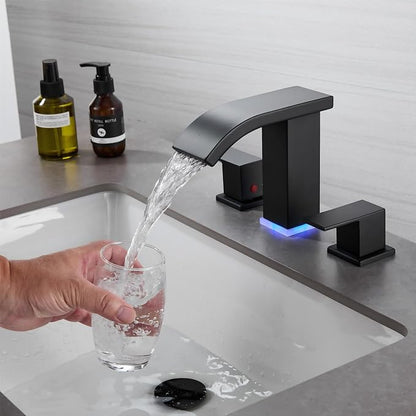 Bathroom Faucets Set Matte Black 8 inch Bathroom Sink Faucet 3 Hole with Pop Up Drain Widespread Modern Waterfall Vanity Faucet with 3 Colors Light Changing (Matte Black)