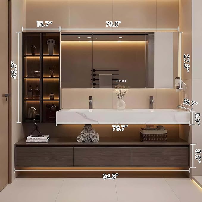 Bathroom Vanity, Floating Bathroom Sink Vanity, Modern Bathroom Vanities with Smart Defogging LED Mirror & Glass Side Cabinet, Wall Mounted Vanities for Restroom, Solid Wood (96in)