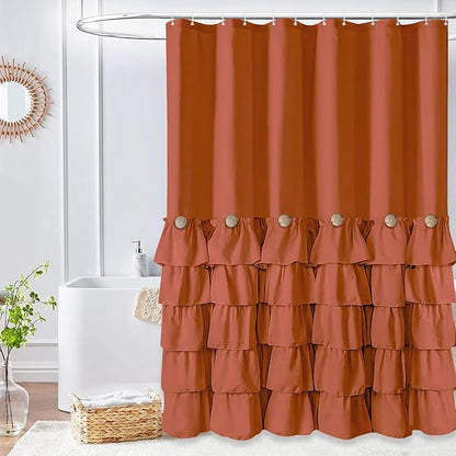 Seasonwood Orange Shower Curtain 72" W x 72" L,Dark Orange | Natural button accents, layered fabric tiers, shabby chic and French country styling for decorative bathroom updates