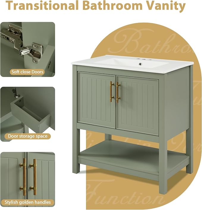 30" Bathroom Vanity with Ceramic Sink,Sink Cabinet w/Soft Closing 2 Doors and Bottom Shelf,Metal Handles,Freestanding Wooden Storage Cabinet,Solid Wood Frame,for Small Space,Green