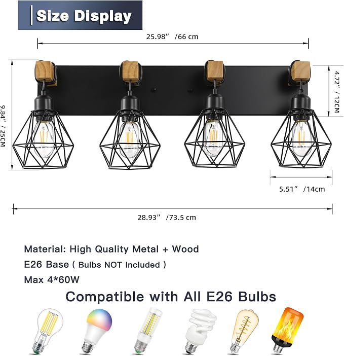 maesta 4 Light Bathroom Vanity Light, Farmhouse Black Fixture Over Mirror | Farmhouse Bathroom Light Fixtures, Wood & Metal, Anti-Rust Easy to Install for Rustic Bathroom Hallway
