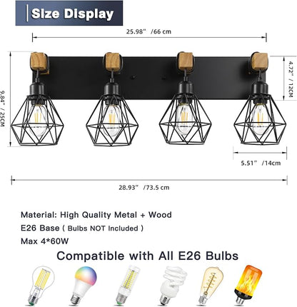 maesta 4 Light Bathroom Vanity Light, Farmhouse Black Fixture Over Mirror | Farmhouse Bathroom Light Fixtures, Wood & Metal, Anti-Rust Easy to Install for Rustic Bathroom Hallway