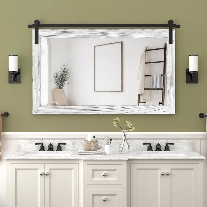 COGOOD Farmhouse Bathroom Mirrors for Over Sink - 30 x 41 White | Rustic Barn Door Wood Framed Vanity Mirror for Entryway, Living Room, Bedroom, Dresser Wall Decor