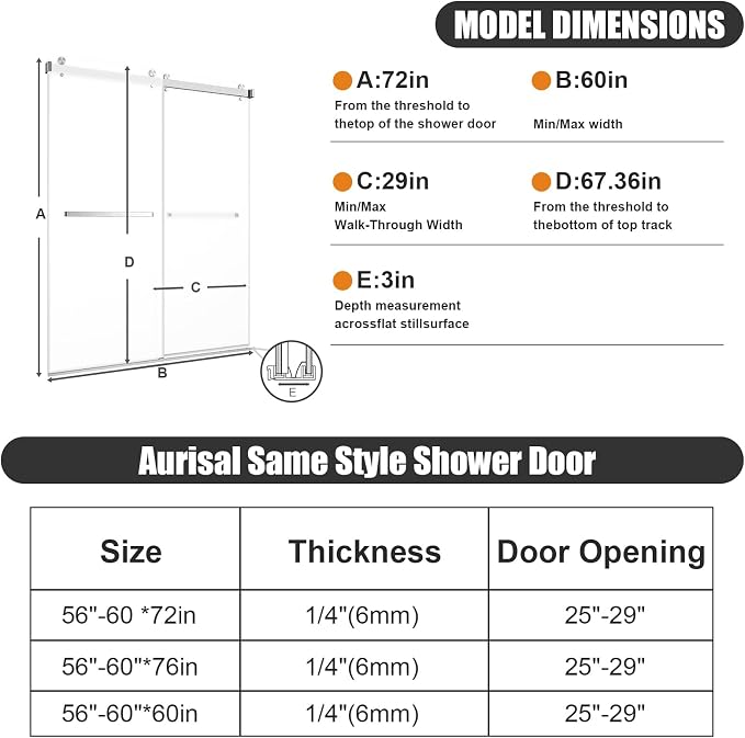 Frosted Sliding Shower Door, 56-60" W x 72" H-1/4” (6mm), Frosted Glass Shower Door with 4" Left Adjustable Width, 304 Stainless Steel Hardware, Quiet Rollers, Bottom Water Seal, Brushed Nickel