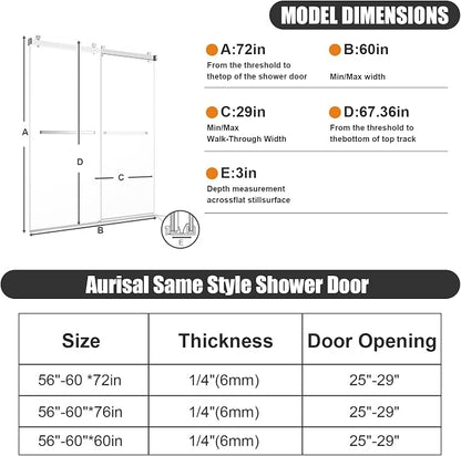 Frosted Sliding Shower Door, 56-60" W x 72" H-1/4” (6mm), Frosted Glass Shower Door with 4" Left Adjustable Width, 304 Stainless Steel Hardware, Quiet Rollers, Bottom Water Seal, Brushed Nickel