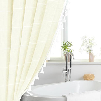 Ivory Boho Farmhouse Shower Curtain for Bathroom 72x72 | 320 GSM French Country Plaid Tassel Shower Curtain, Rustic Aesthetic Bathroom Decor Windows Curtain
