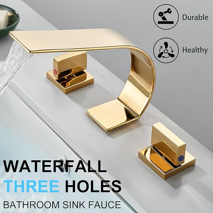 becola Gold Bathroom Faucet 3 Hole,Ultrathin Low Arc 8 inch Widespread Bathroom Faucet,Waterfall Bathroom Faucet,2-Handle Modern Vanity Faucet with Hot and Cold Water Supply Hoses