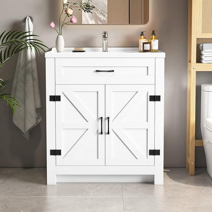 32" Farmhouse Bathroom Vanity with Ceramic Sink, 2 Barn Door Design, Freestanding Storage Cabinet, Actual 31.5" L x 18.5" W x 35.4" H, White