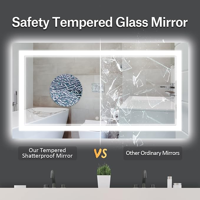 60x28 Inch LED Bathroom Mirror with Lights | Front and Backlit, 3 Colors, Dimmable, Memory, Anti Fog, Shatterproof, Horizontal/Vertical, Lighted Mirrors for Bathroom Wall