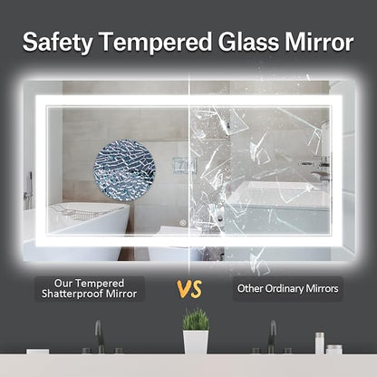 60x28 Inch LED Bathroom Mirror with Lights | Front and Backlit, 3 Colors, Dimmable, Memory, Anti Fog, Shatterproof, Horizontal/Vertical, Lighted Mirrors for Bathroom Wall
